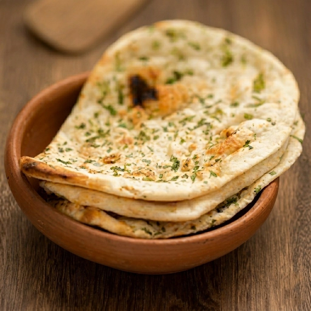 Fresh Garlic Naan baked in clay tandoor at Saanjh 24-7 Pure Vegetarian Restaurant Winnipeg