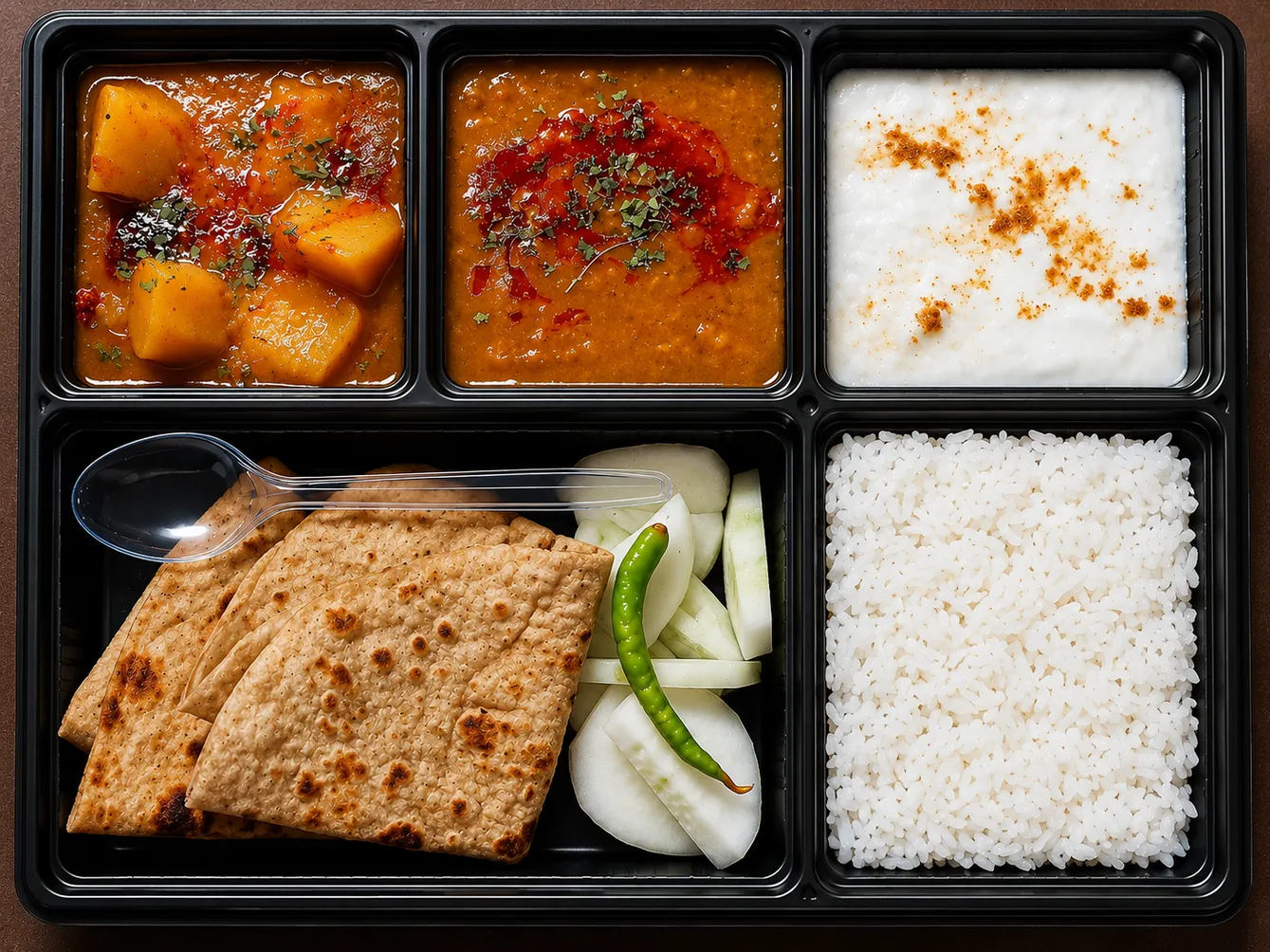 Saanjh 24-7 Tiffin Meal — daily 100% vegetarian homestyle Indian meal box in Winnipeg